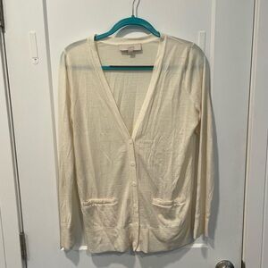 LOFT Women Cream Button Down V-neck Lightweight Wool Blend Cardigan Sweater M